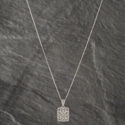 Pre-Owned 9ct White Gold 0.04ct Diamond Openwork Oblong Cushion Shaped Pendant & 18 Inch Curb Chain 41142531