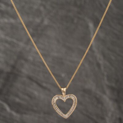 Pre-Owned 9ct Yellow Gold 0.25ct Diamond Open Heart Gemstone Pendant & 18 Inch Foxtail Chain 41142559