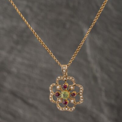 Pre-Owned Antique 9ct Yellow Gold Multi Stone Fancy Gemstone Pendant & 16 Inch Belcher Chain 41142564