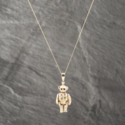 Pre-Owned 9ct Yellow Gold Multi Stone Articulating Teddy Pendant & 18 Inch Curb Chain 41142601