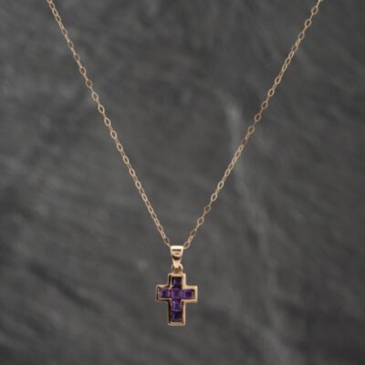 Pre-Owned Yellow Gold Amethyst Cross Pendant & 16 Inch Trace Chain 41142643