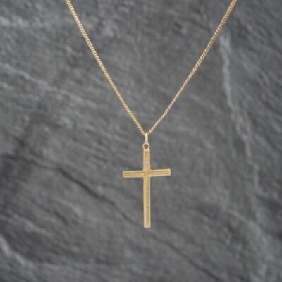 Pre-Owned 9ct Yellow Gold Textured Cross Pendant & 16 Inch Curb Chain 41142655