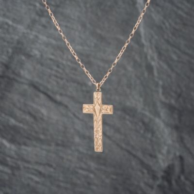 Pre-Owned Vintage 9ct Rose Gold Hand Engraved Cross Pendant & 18 Inch Belcher Chain 41142656