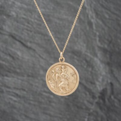 Pre-Owned 9ct Yellow Gold Round St Christopher Pendant & 18 Inch Curb Chain 41142702