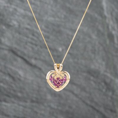 Pre-Owned 9ct Yellow Gold Ruby Heart Pendant & 18 Inch Curb Chain 41142822