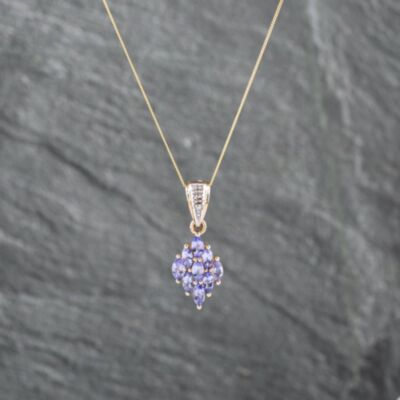 Pre-Owned 9ct Yellow Gold Tanzanite & Diamond Marquise Shaped Cluster Pendant & 18 Inch Curb Chain 41142823