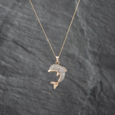 Pre-Owned 9ct Yellow Gold 0.25ct Diamond Dolphin Pendant & 18 Inch Curb Chain 41142829