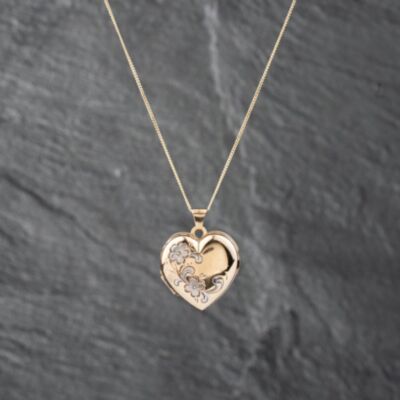 Pre-Owned Two Colour Gold Flower Engraved Heart Locket Pendant & 18 Inch Curb Chain 41142832