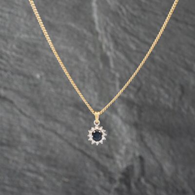 Pre-Owned 18ct Two Colour Gold Sapphire & Diamond Oval Cluster Pendant & 18 Inch Curb Chain 41142860