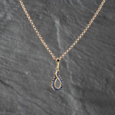 Pre-Owned 9ct Yellow Gold Sapphire Openwork Oval Dropper Pendant & 16 Inch Belcher Chain 41142862