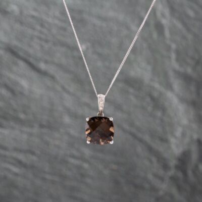 Pre-Owned 9ct White Gold Smoky Quartz & Diamond Cushion Shaped Pendant & 18 Inch Curb Chain 41142891