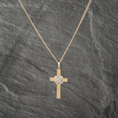 Pre-Owned 9ct Two Colour Gold Diamond Plain Cross Pendant & 17 Inch Curb Chain 41142959