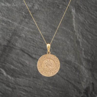 Pre-Owned 9ct Yellow Gold Round St Christopher Pendant & 18 Inch Curb Chain 41142962
