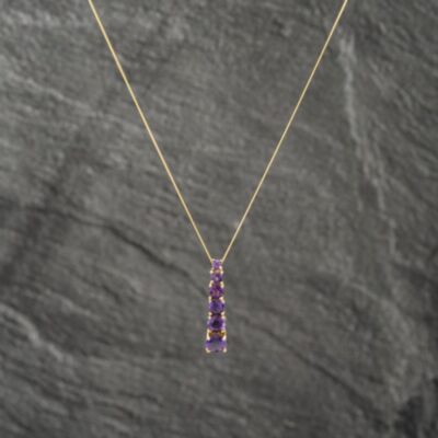 Pre-Owned 9ct Yellow Gold Amethyst Graduating Bar Link Gemstone Pendant & 18 Inch Curb Chain 41142970