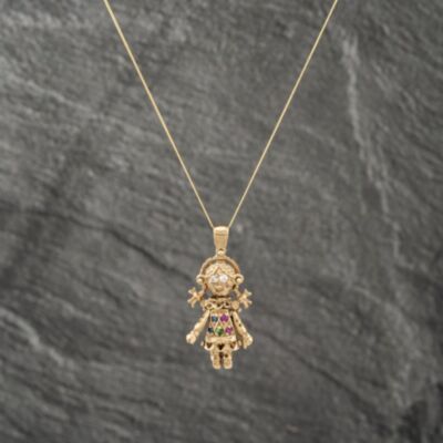 Pre-Owned 9ct Yellow Gold Multi Stone Ragdoll Pendant & 18 Inch Curb Chain 41142972
