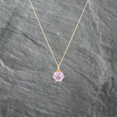 Pre-Owned 9ct Yellow Gold Amethyst Hexagonal Pendant & 18 Inch Curb Chain 41143026