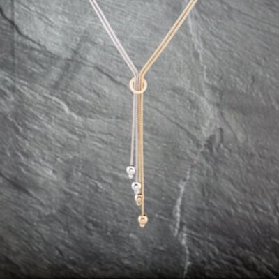 Pre-Owned 9ct Two Colour Gold Bead Dropper Pendant & 18 Inch Snake Chain 41143075