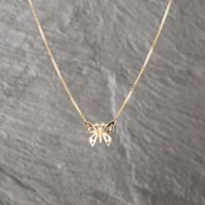 Pre-Owned 9ct Yellow Gold Butterfly Pendant & 14 Inch Box Chain 41143094