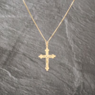 Pre-Owned 9ct Yellow Gold Crucifix Cross Pendant & 18 Inch Curb Chain 41143100