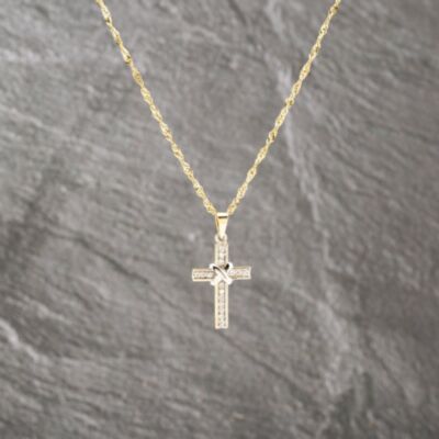 Pre-Owned 9ct Two Colour Gold Cubic Zirconia Cross Pendant & 18 Inch Curb Chain 41143106