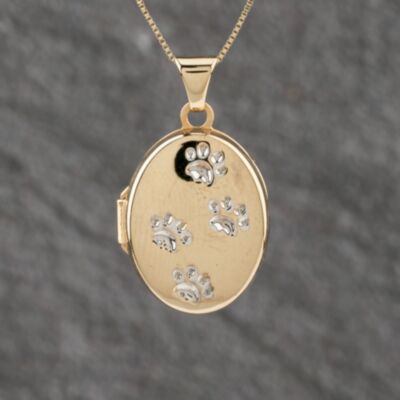 Pre-Owned 9ct Two Colour Gold Paw Prints Oval Locket Pendant & 20 Inch Box Chain 41143130