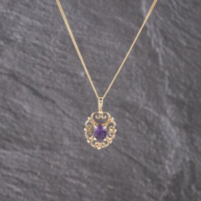 Pre-Owned 9ct Yellow Gold Amethyst Oval Filigree Pendant & 17 Inch Curb Chain 41143161