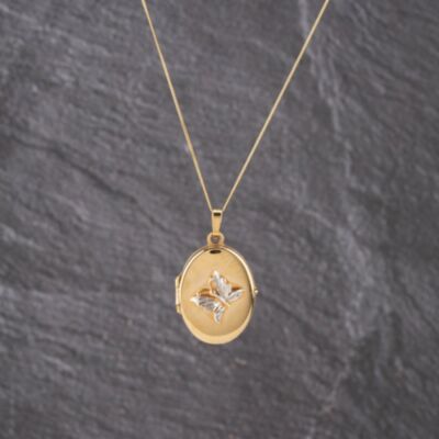 Pre-Owned Vintage 9ct Two Colour Gold Oval Relief Butterfly Locket Pendant & 18 Inch Curb Chain 41143169