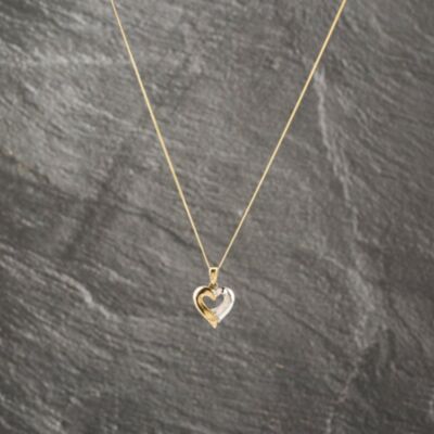 Pre-Owned 9ct Two Colour Gold 0.06ct Brilliant Cut Diamond Heart Slider Pendant & 18 Inch Curb Chain 41143219