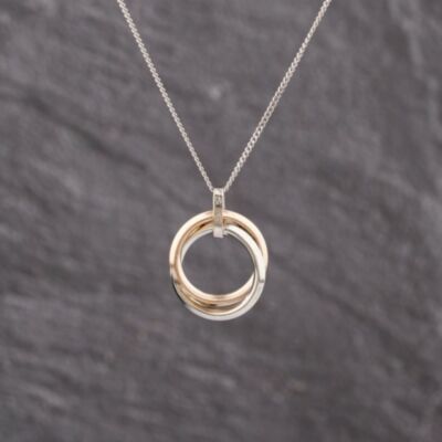 Pre-Owned 9ct Two Colour Gold Cubic Zirconia Set Double Circle Pendant & 18 Inch Curb Chain 41143298