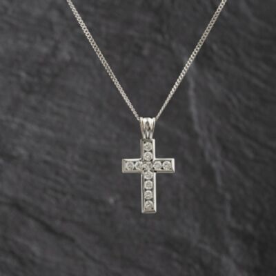 Pre-Owned 18ct White Gold 1.00ct Brilliant Cut Diamond Channel Set Cross Pendant & 18 Inch Curb Chain 41143340