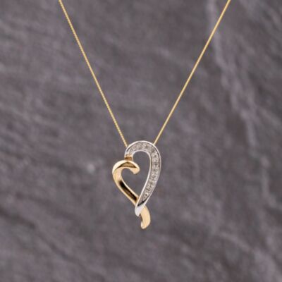 Pre-Owned Two Colour Gold Diamond Open Heart Pendant & 18 Inch Curb Chain 41143371