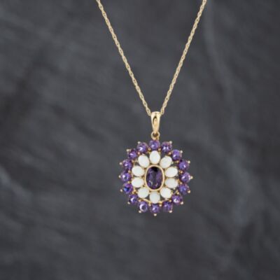 Pre-Owned 9ct Yellow Gold Amethyst & Opal Halo Cluster Pendant & 18 Inch Prince Of Wales Chain 41143398