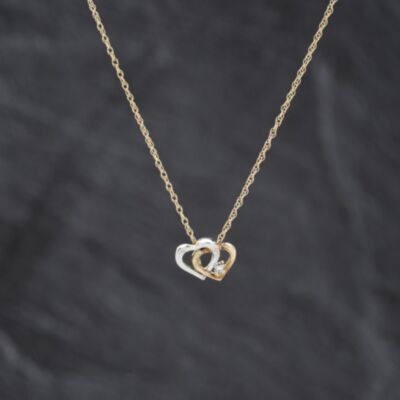 Pre-Owned 9ct Two Colour Gold Diamond Double Open Heart Pendant & 18 Inch Prince Of Wales Chain 41143402