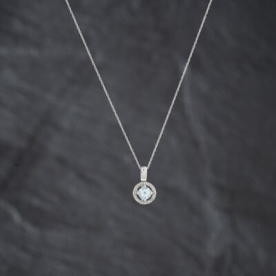 Pre-Owned 9ct White Gold Blue Topaz & Diamond Circular Halo Cluster Pendant & 18 Inch Prince Of Wales Chain 41143413