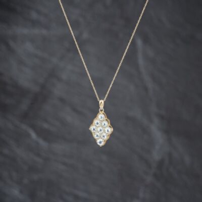 Pre-Owned 9ct Yellow Gold Blue Topaz & Diamond Marquise Shaped Cluster Pendant & 18 Inch Prince Of Wales Chain 41143414