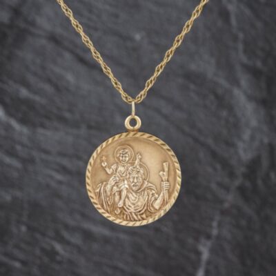 Pre-Owned Vintage 9ct Yellow Gold Large Round St Christopher Pendant & 22 Inch Prince Of Wales Chain 41143489