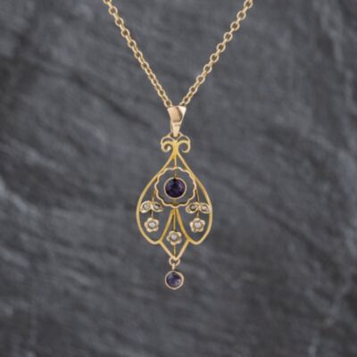 Pre-Owned Vintage Yellow Gold Amethyst & Seed Pearl Ornate Pendant & 17 Inch Trace Chain 41143496