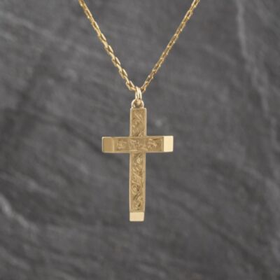 Pre-Owned 9ct Yellow Gold Hand Engraved Cross Pendant & 19 Inch Trace Chain 41143522