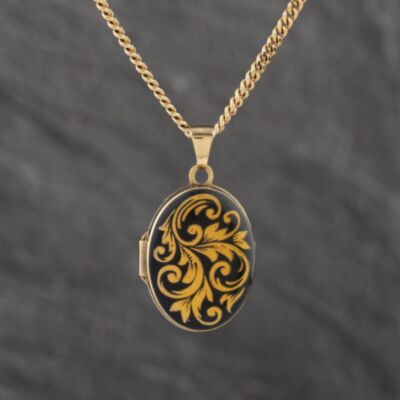 Pre-Owned 9ct Yellow Gold Enamel Oval Locket Pendant & 18 Inch Curb Chain 41143554