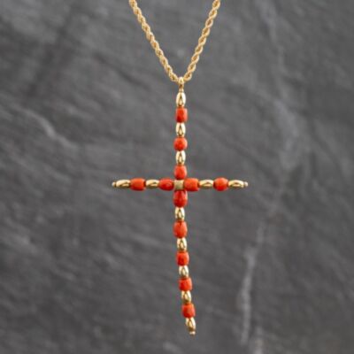Pre-Owned Vintage 9ct Yellow Gold Coral Bead Set Cross Pendant & 18 Inch Rope Chain 41143659