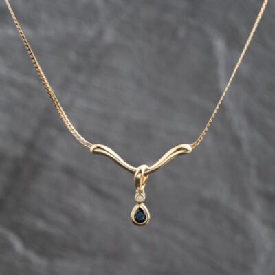 Pre-Owned 9ct Yellow Gold Sapphire & 0.03ct Diamond Pendant & 16 Inch Curb Chain 41143673