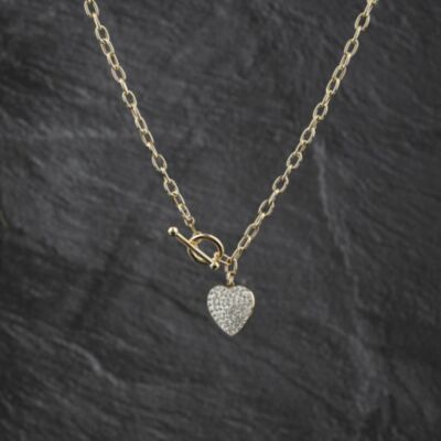 Pre-Owned 9ct Yellow Gold Cubic Zirconia Pave Heart Charm And 16 Inch T-Bar Belcher Chain 41162125