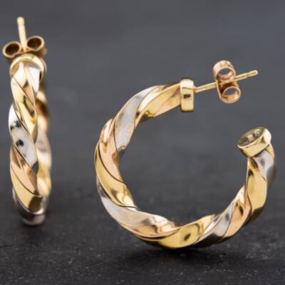 Pre-Owned 9ct Three Colour Gold 27.3mm Twist Hoop Earrings 41172175