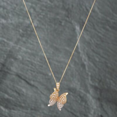 Pre-Owned 9ct Two Colour Gold Cubic Zirconia Butterfly Pendant & 18 Inch Curb Chain 41172203