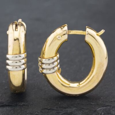 Pre-Owned 9ct Two Colour Gold 20.9mm Plain Oval Ribbed Pattern Hoop Earrings 41172494