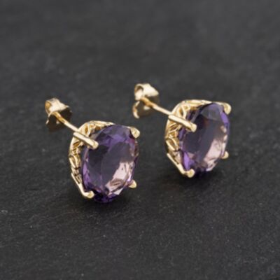 Pre-Owned 14ct Yellow Gold 11mm Amethyst Oval Stud Earrings 41172599