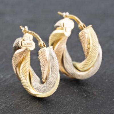 Pre-Owned 9ct Three Colour Gold 20mm Chunky Twisted Hoop Earrings 41172640