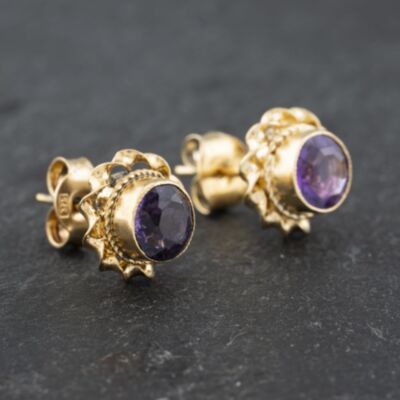 Pre-Owned Yellow Gold Amethyst Round Rope Edge Stud Earrings 41172692