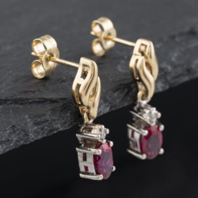 Pre-Owned 9ct Yellow Gold Diamond & Synthetic Ruby Dropper Earrings 41172720
