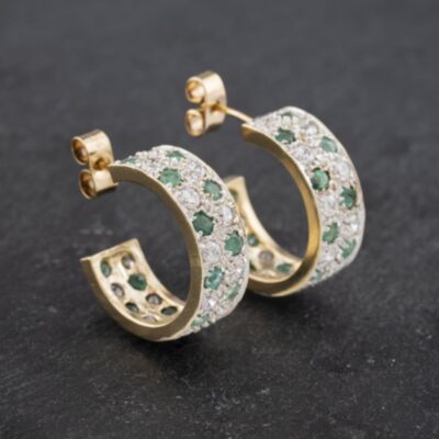 Pre-Owned 9ct Yellow Gold 2mm Emerald Half Hoop Earrings 41172730